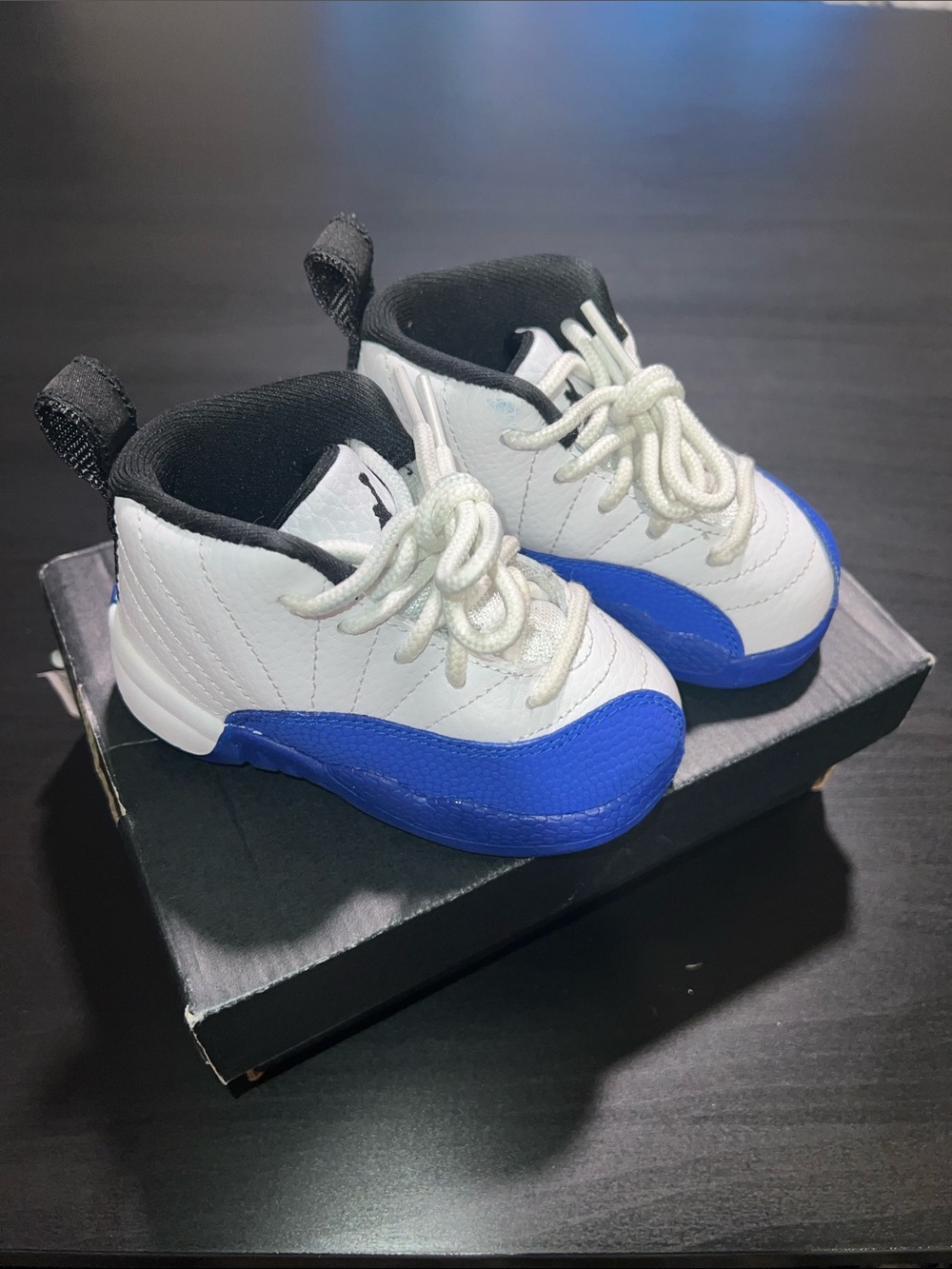 (5c) Kids White and (Blue Berry) High-Top Jordan 12 Retro Sneakers